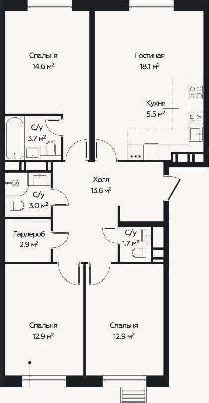 Планировка: 4+ к, 86,2 м²