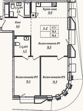 Планировка: 3-к, 76,6 м²