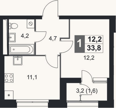 Планировка: 1-к, 32,2 м²