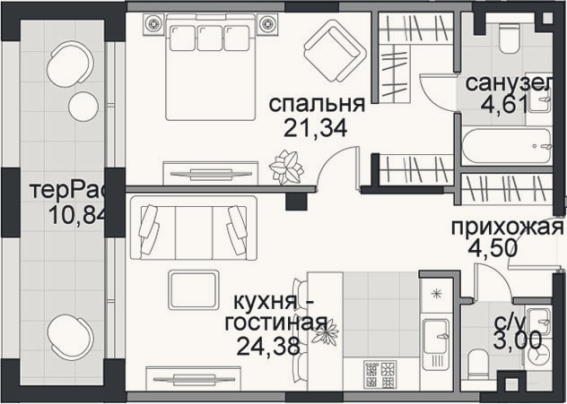Планировка: 2-к, 57,8 м²