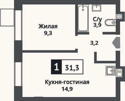 Планировка: 2-к, 31,3 м²