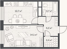 Планировка: 1-к, 38,1 м²