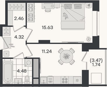 Планировка: 1-к, 38,1 м²