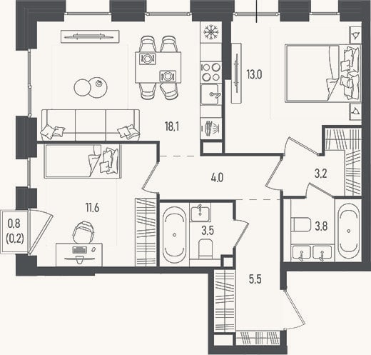 Планировка: 3-к, 62,7 м²
