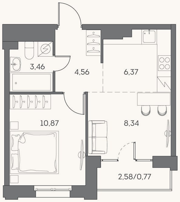 Планировка: 2-к, 33,6 м²