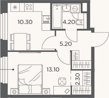 Планировка: 1-к, 35,1 м²