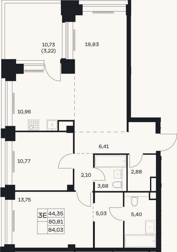 Планировка: 3-к, 80,8 м²