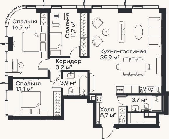 Планировка: 4+ к, 97,9 м²