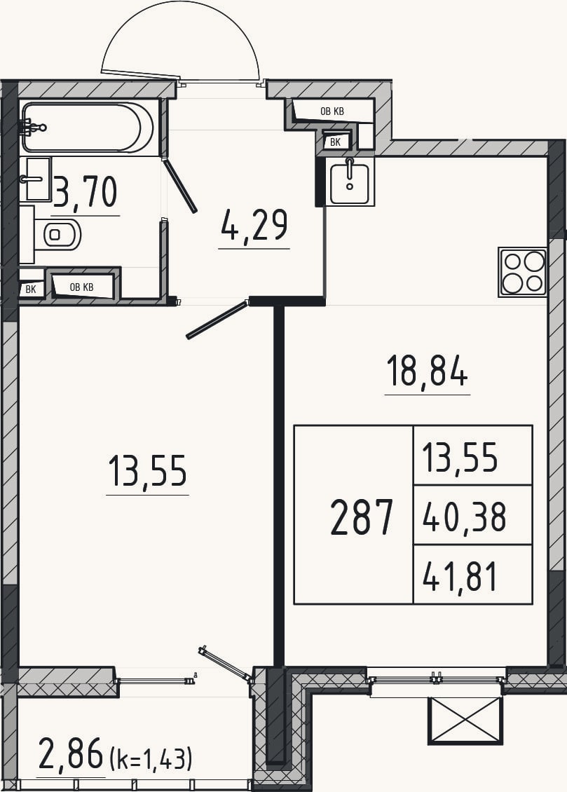 Планировка: 2-к, 40,4 м²