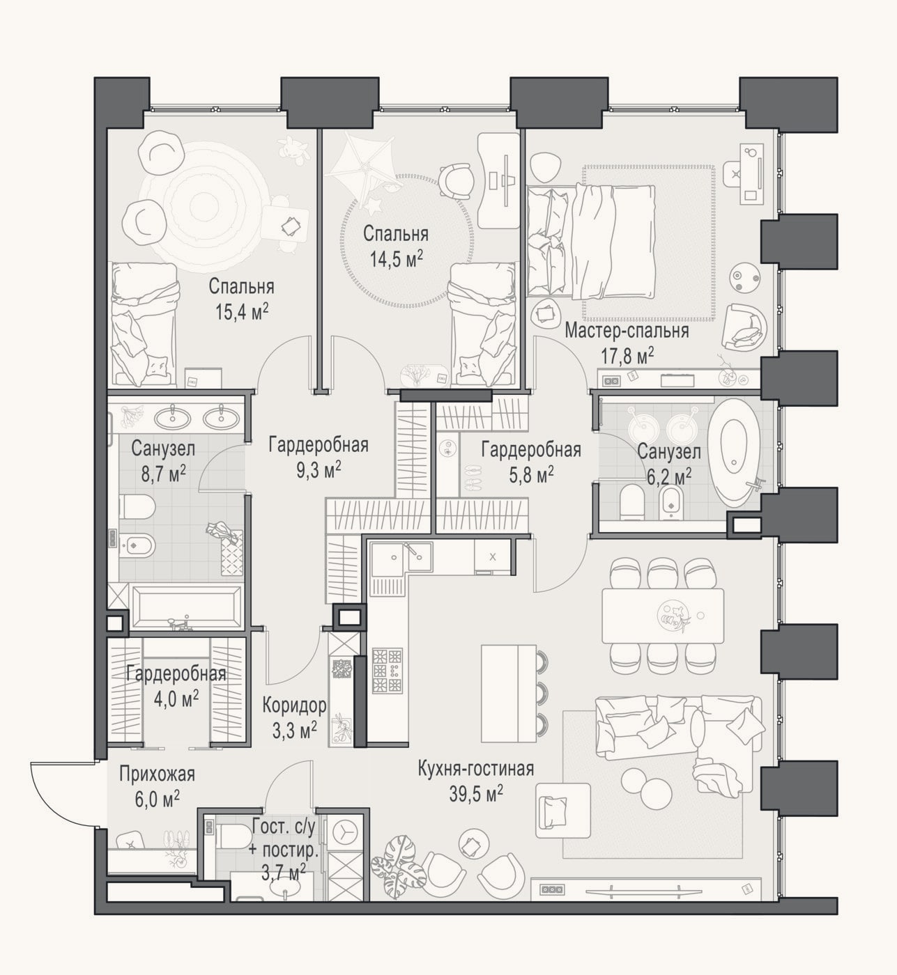 Планировка: 4+ к, 135,4 м²