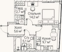 Планировка: 1-к, 37,3 м²