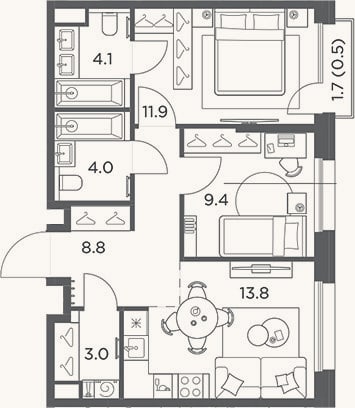 Планировка: 2-к, 55 м²