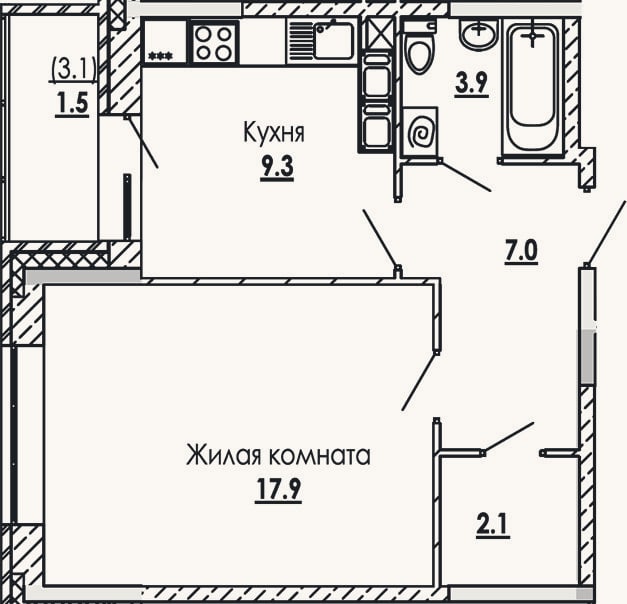 Планировка: 1-к, 40,2 м²