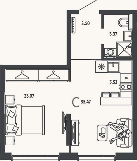 Планировка: Студия, 35,5 м²