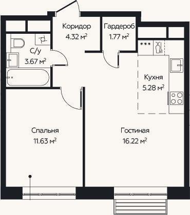 Планировка: 2-к, 42,9 м²