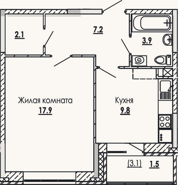 Планировка: 1-к, 40,9 м²