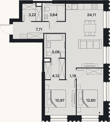 Планировка: 3-к, 72,6 м²