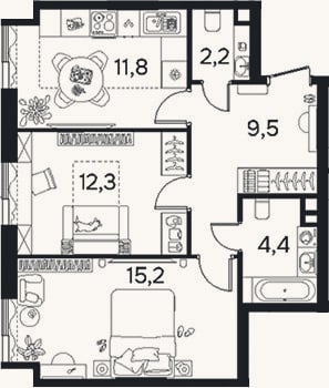 Планировка: 2-к, 55,3 м²