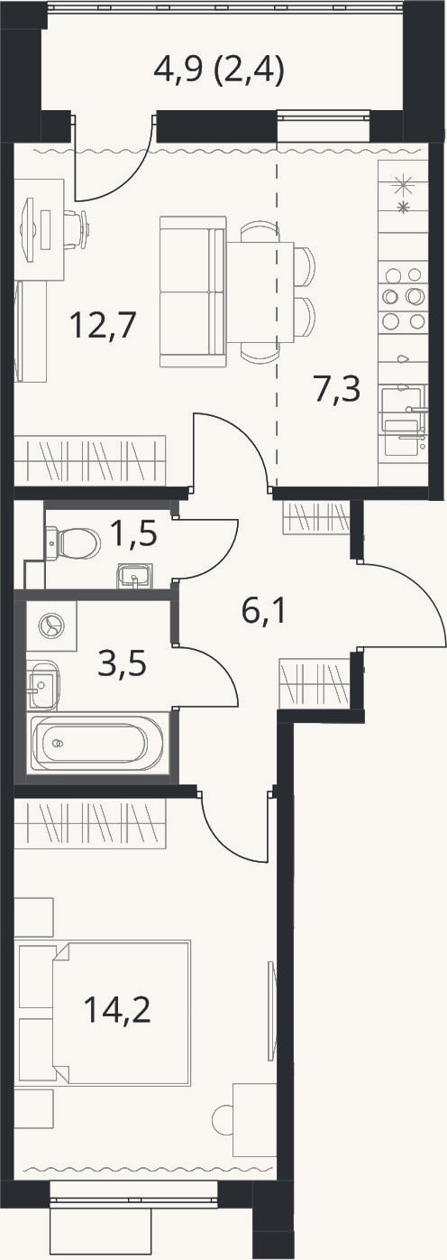 Планировка: 2-к, 45,3 м²