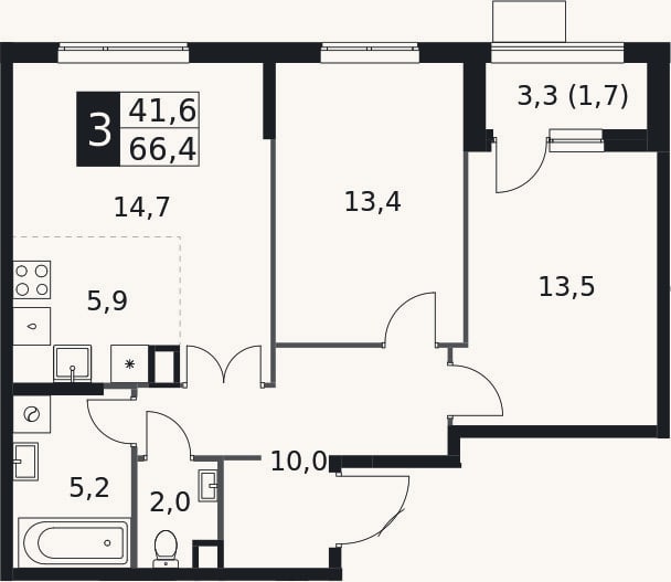 Планировка: 3-к, 64,7 м²