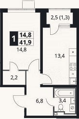 Планировка: 1-к, 40,6 м²