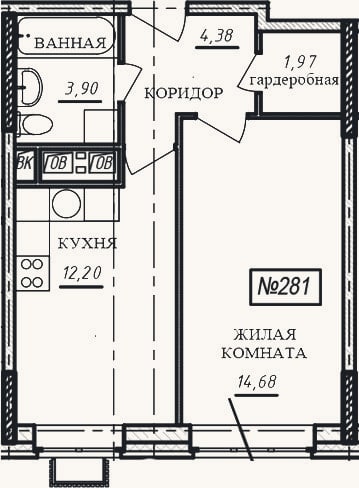 Планировка: 1-к, 37,1 м²