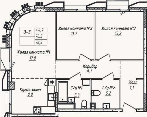 Планировка: 3-к, 78,5 м²