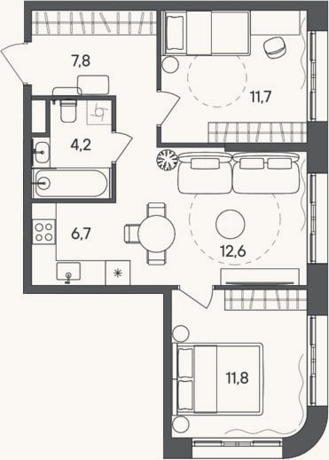 Планировка: 3-к, 54,8 м²