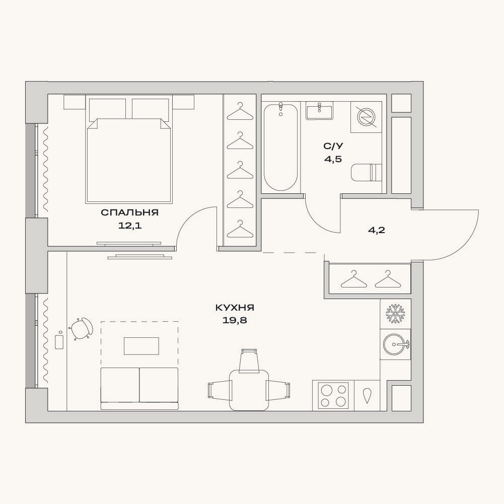Планировка: 2-к, 40,6 м²