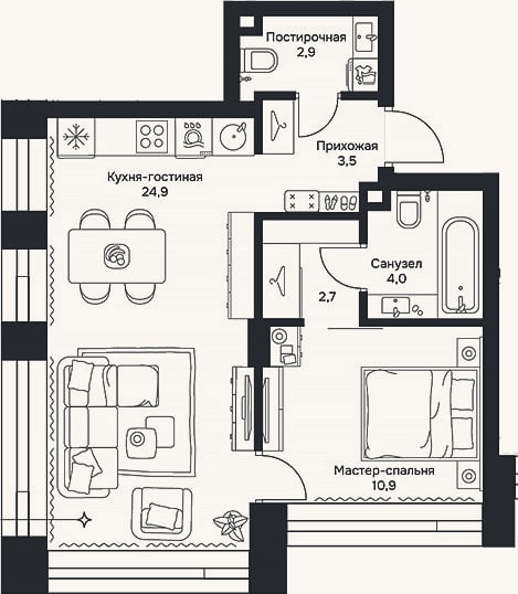 Планировка: 2-к, 48,9 м²