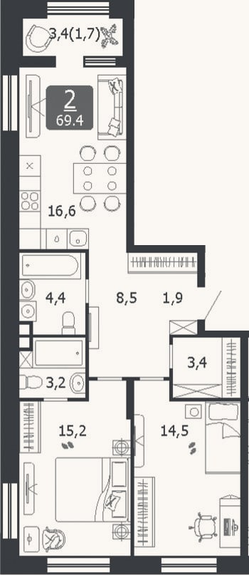 Планировка: 3-к, 67,7 м²