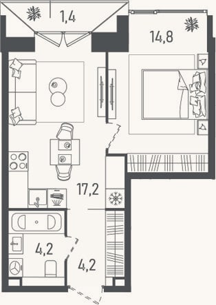 Планировка: 2-к, 40,4 м²