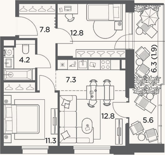 Планировка: 3-к, 56,2 м²