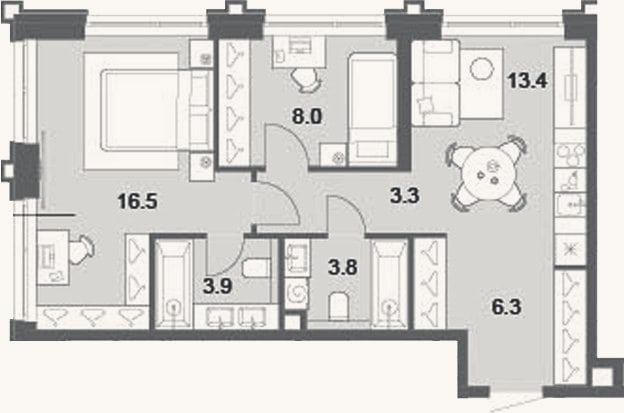 Планировка: 3-к, 55,2 м²