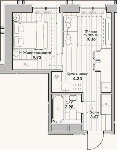 Планировка: 2-к, 31 м²