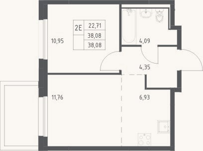 Планировка: 2-к, 38,1 м²