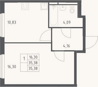 Планировка: 1-к, 35,4 м²