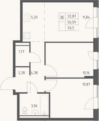 Планировка: 3-к, 50,6 м²