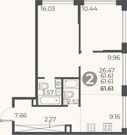 Планировка: 2-к, 61,6 м²