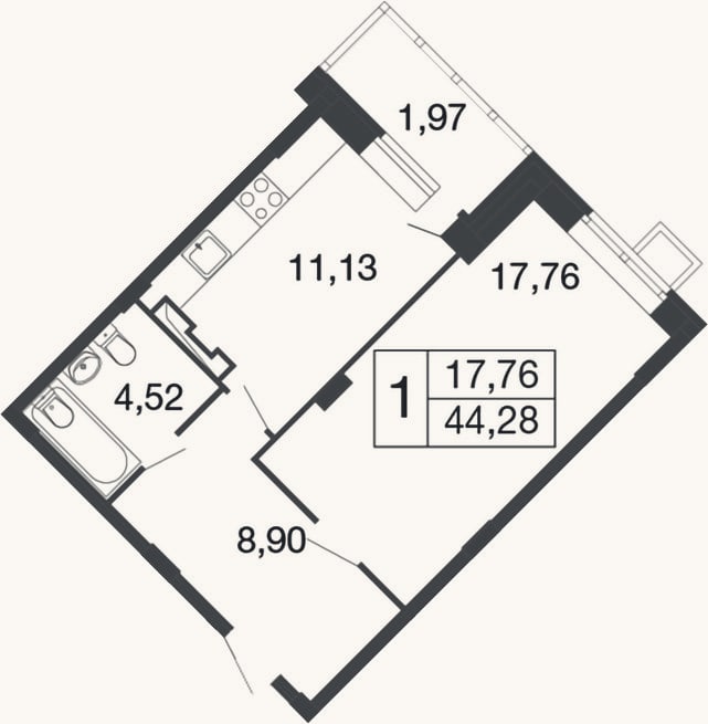Планировка: 1-к, 42,3 м²
