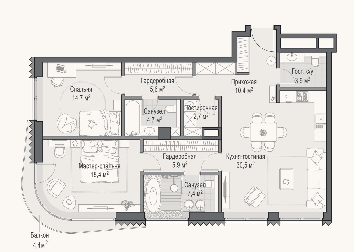 Планировка: 2-к, 103,7 м²