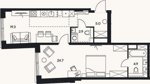 Планировка: 2-к, 56,8 м²