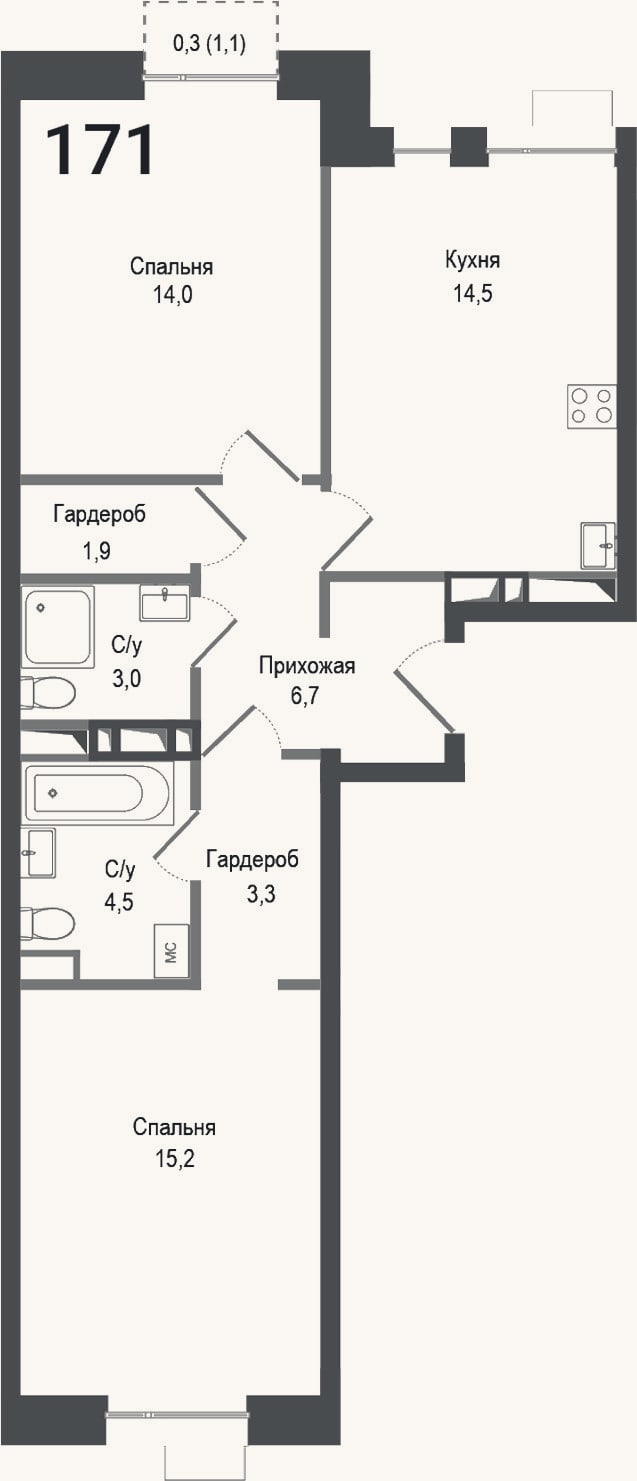 Планировка: 2-к, 63,1 м²