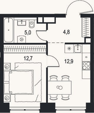 Планировка: 1-к, 35,4 м²