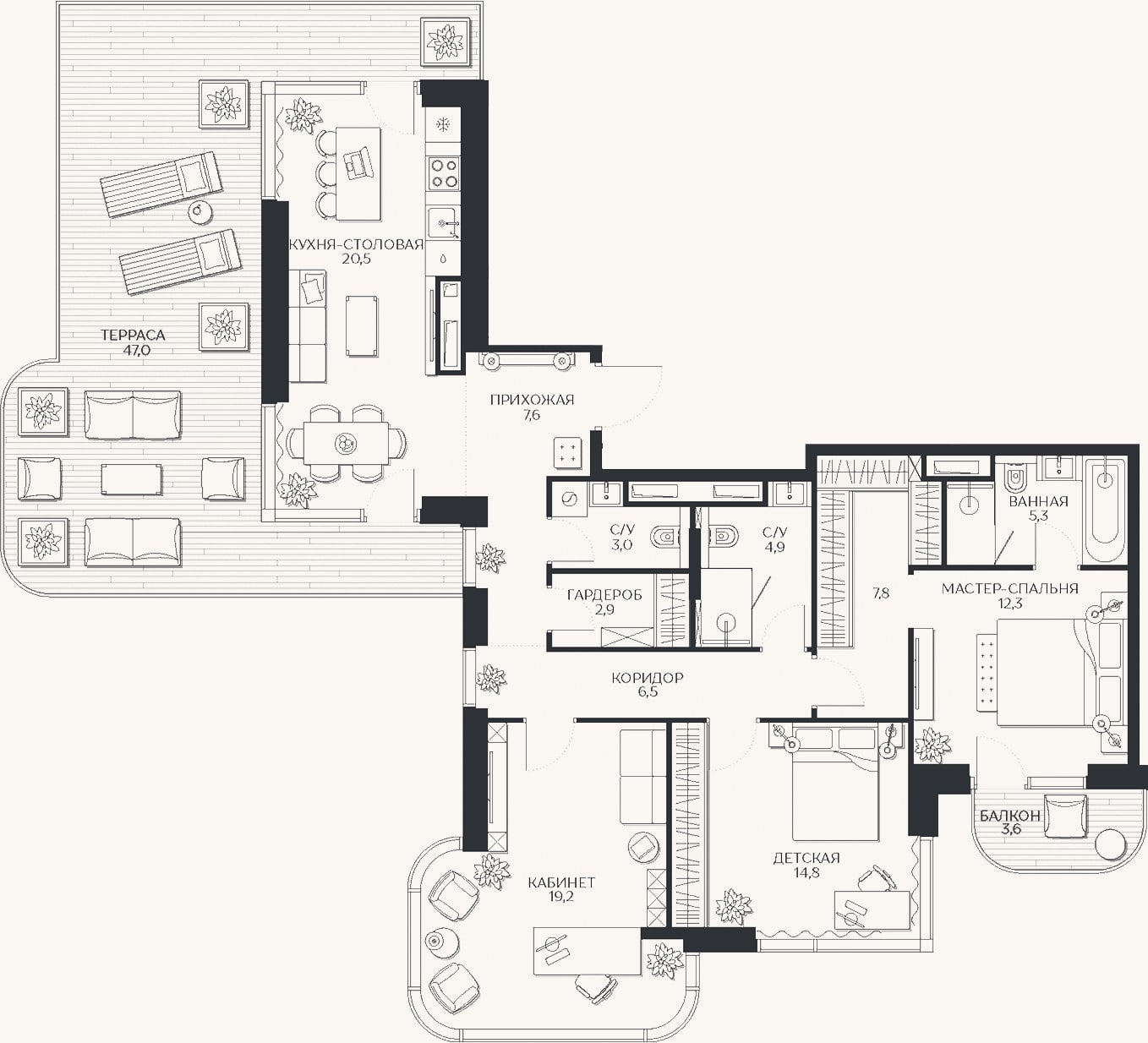Планировка: 4+ к, 100 м²