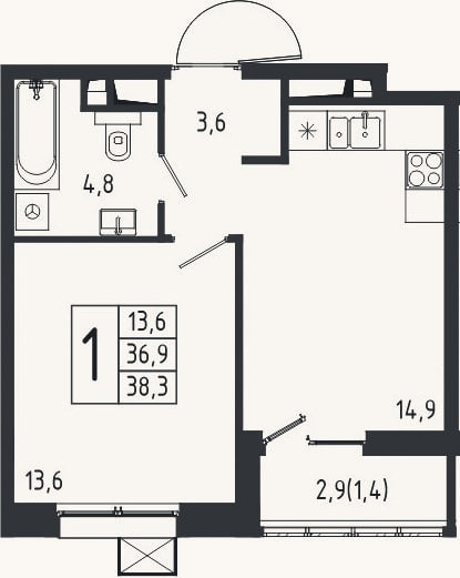 Планировка: 1-к, 36,9 м²