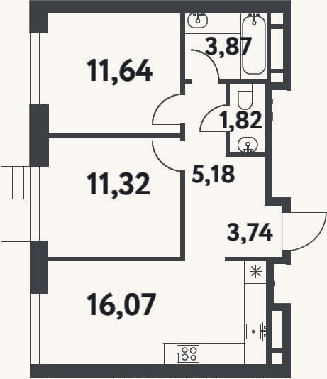 Планировка: 2-к, 53,6 м²