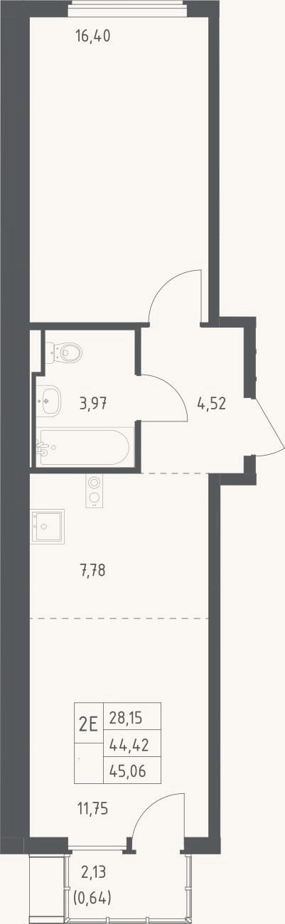 Планировка: 2-к, 44,4 м²