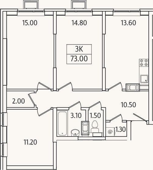 Планировка: 3-к, 73 м²