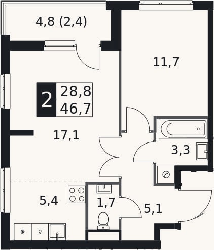 Планировка: 2-к, 44,3 м²